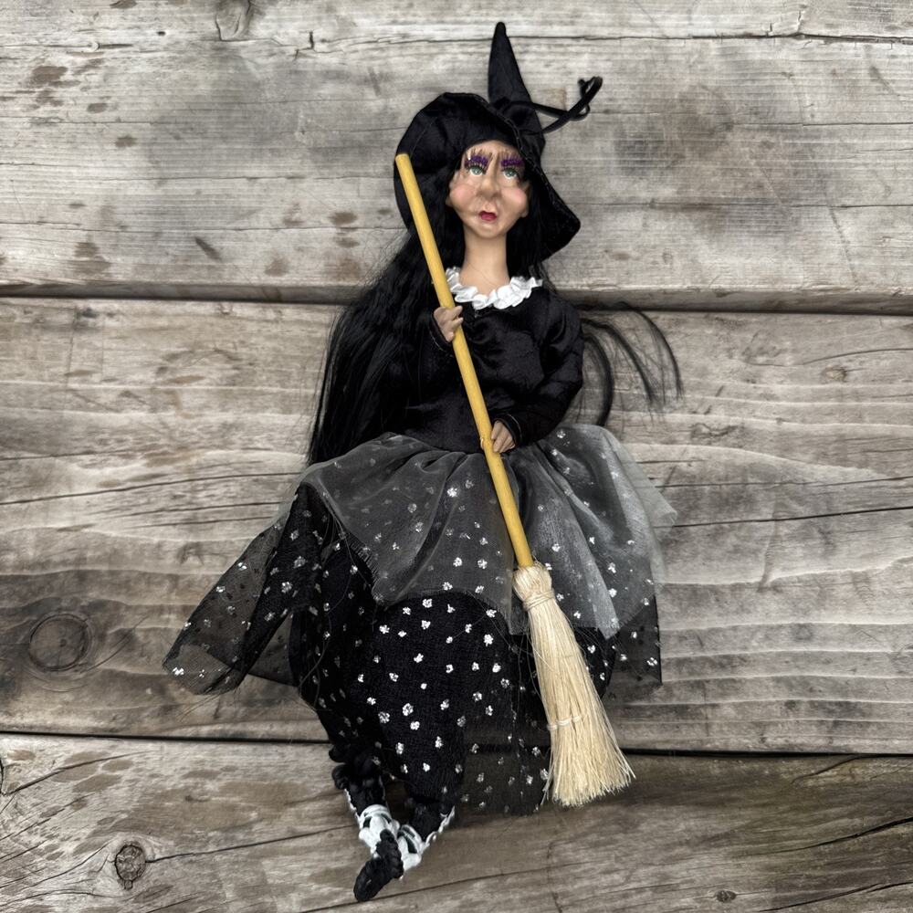Vintage Halloween/ Kitchen Witch Doll w/Broom Black Glitter Outfit 14”